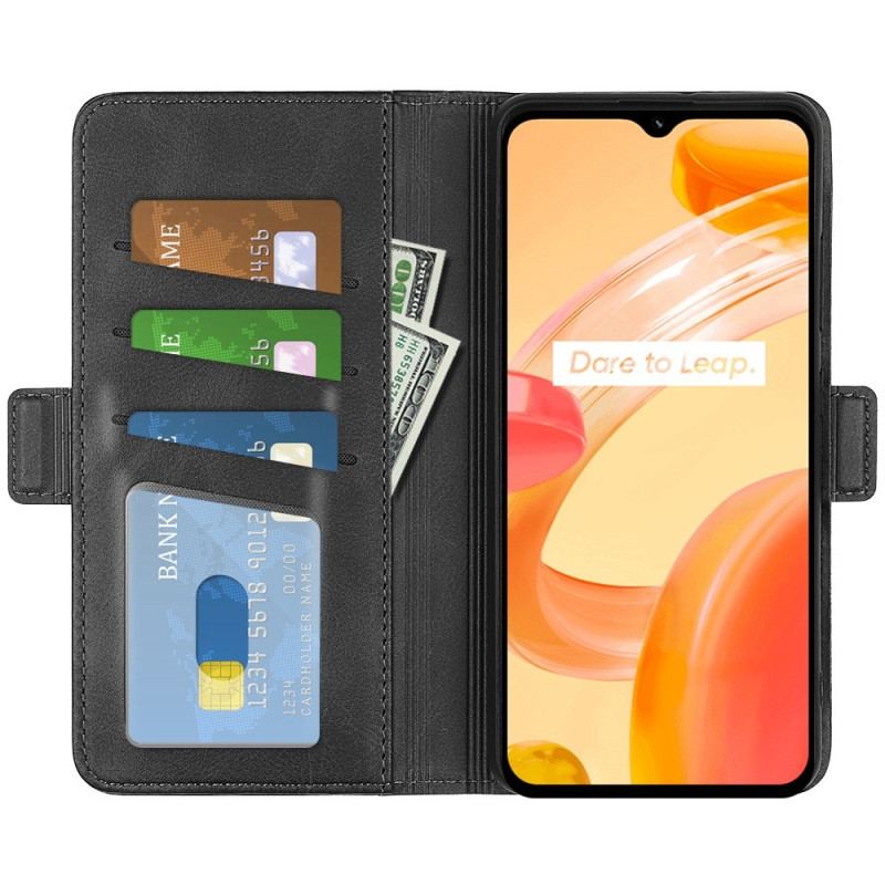 Capa Flip Para Realme C30 Fecho Duplo Texturizado De Couro Falso