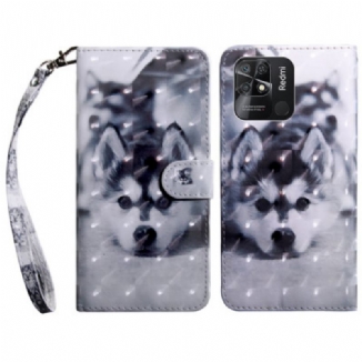 Capa De Couro Para Xiaomi Redmi 10C De Cordão Filhote De Cachorro Fio Dental