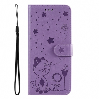 Capa De Couro Para Xiaomi Redmi 10C De Cordão Strappy Gato E Abelhas