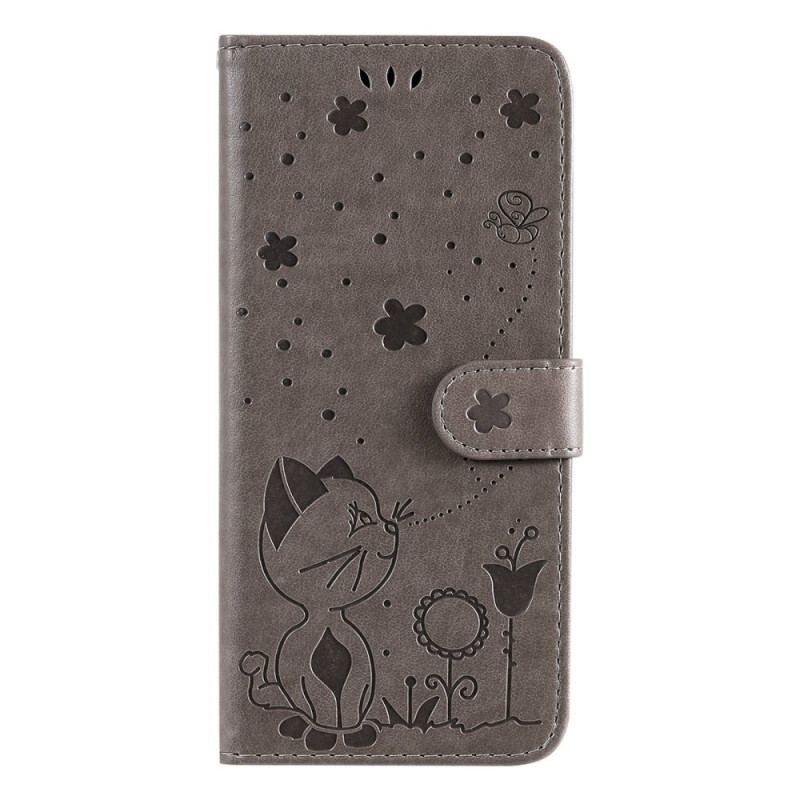 Capa De Couro Para Xiaomi Redmi 10C De Cordão Strappy Gato E Abelhas