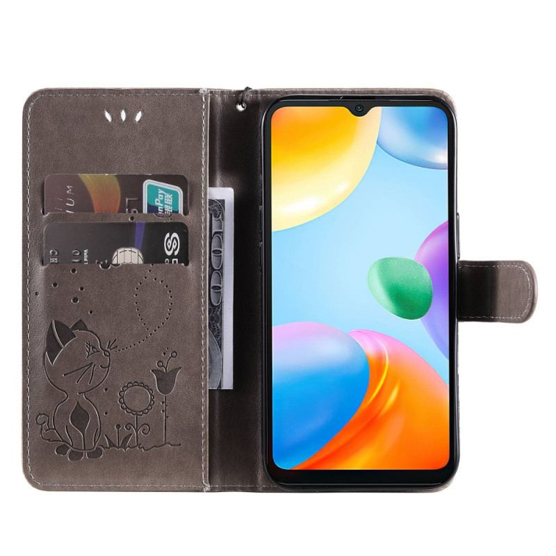 Capa De Couro Para Xiaomi Redmi 10C De Cordão Strappy Gato E Abelhas