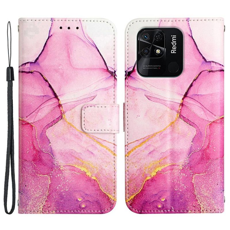 Capa De Couro Para Xiaomi Redmi 10C De Cordão Tira De Mármore