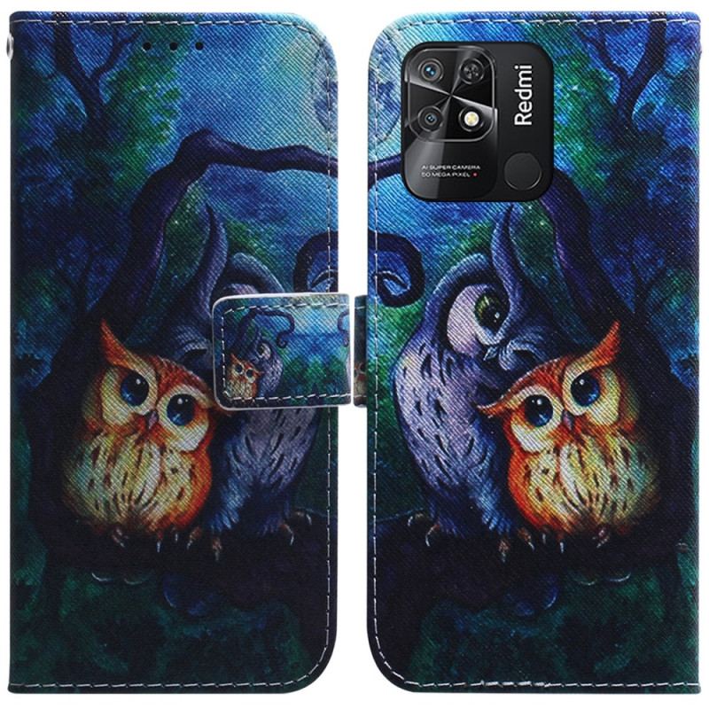 Capa De Couro Para Xiaomi Redmi 10C Corujas Pintando