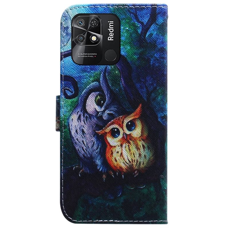 Capa De Couro Para Xiaomi Redmi 10C Corujas Pintando