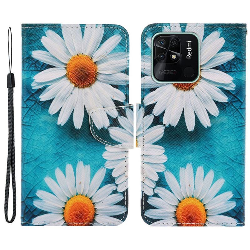 Capa Em Pele Para Xiaomi Redmi 10C De Cordão Fio Dental Margaridas