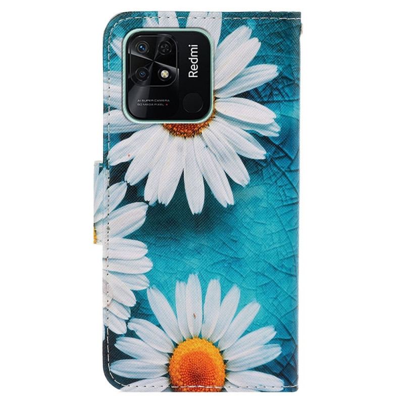 Capa Em Pele Para Xiaomi Redmi 10C De Cordão Fio Dental Margaridas