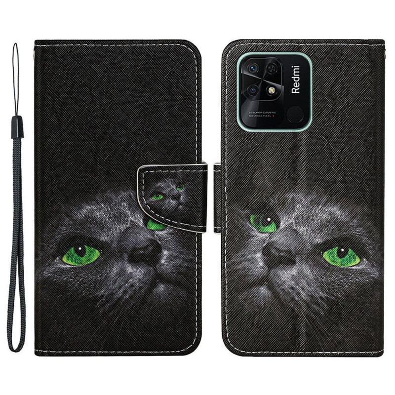 Capa Em Pele Para Xiaomi Redmi 10C De Cordão Gato De Olhos Verdes Na Alça