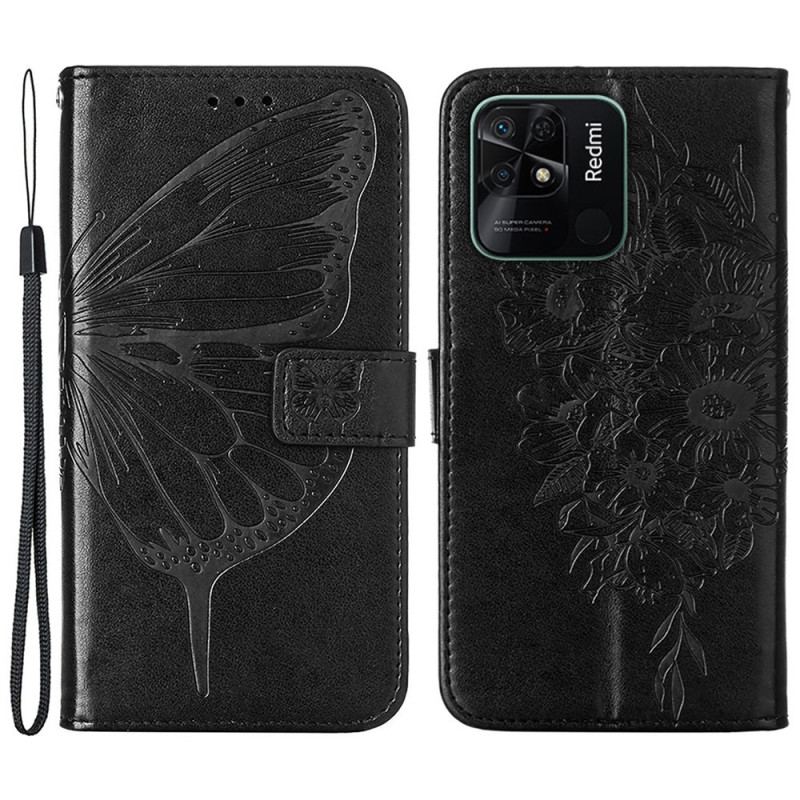 Capa Em Pele Para Xiaomi Redmi 10C Design De Borboleta Com Cordão