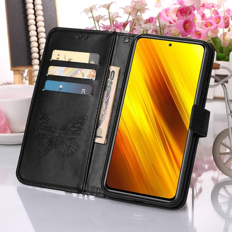 Capa Em Pele Para Xiaomi Redmi 10C Design De Borboleta Com Cordão