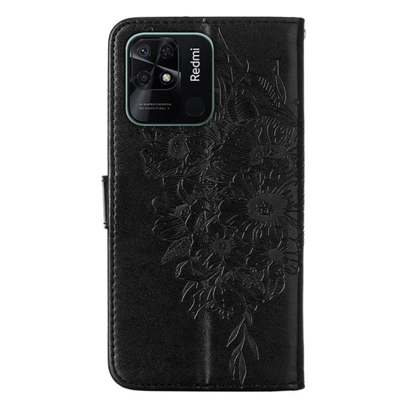 Capa Em Pele Para Xiaomi Redmi 10C Design De Borboleta Com Cordão