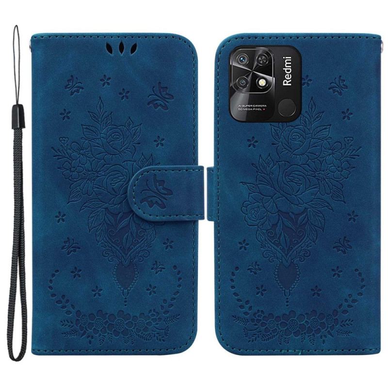 Capa Flip Para Xiaomi Redmi 10C De Cordão Strappy Rosas E Borboletas