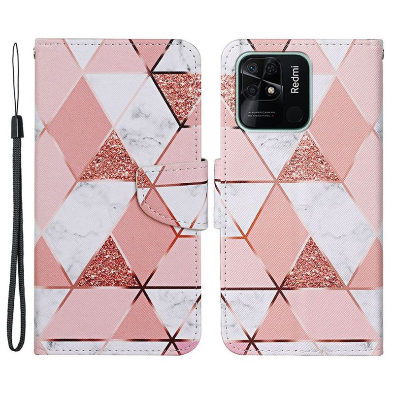 Capa Flip Para Xiaomi Redmi 10C Glitter Mármore Com Cordão