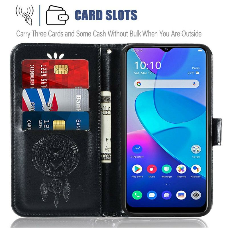 Capa Flip Para Vivo Y20s Coruja Apanhador De Sonhos Efeito Couro