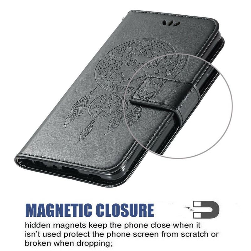Capa Flip Para Vivo Y20s Coruja Apanhador De Sonhos Efeito Couro