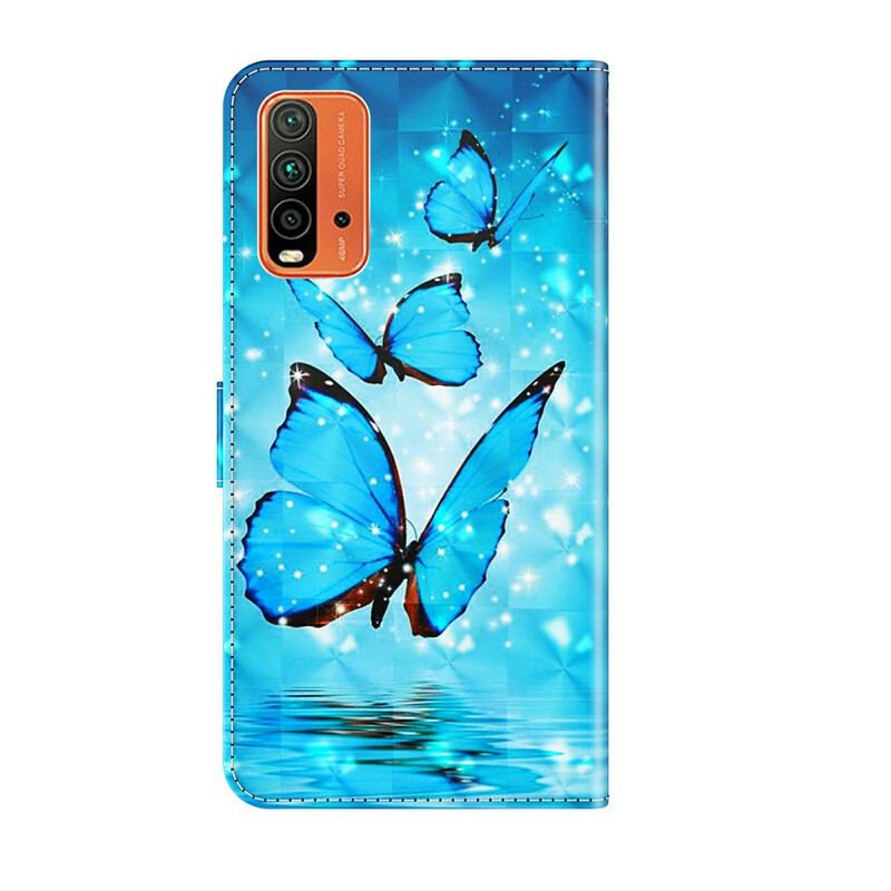 Capa De Couro Para Xiaomi Redmi 9T Borboletas Azuis Voando