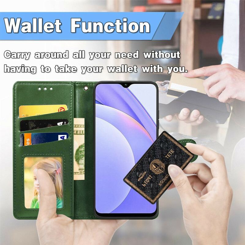 Capa Flip Para Xiaomi Redmi 9T Couro Falso E Fecho Vintage