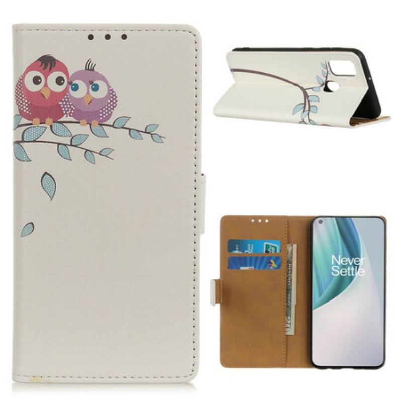 Capa Flip Para OnePlus Nord N10 Casal De Corujas Na Árvore