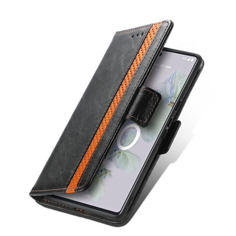 Capa De Couro Para Google Pixel 6A Fecho Duplo Bicolor