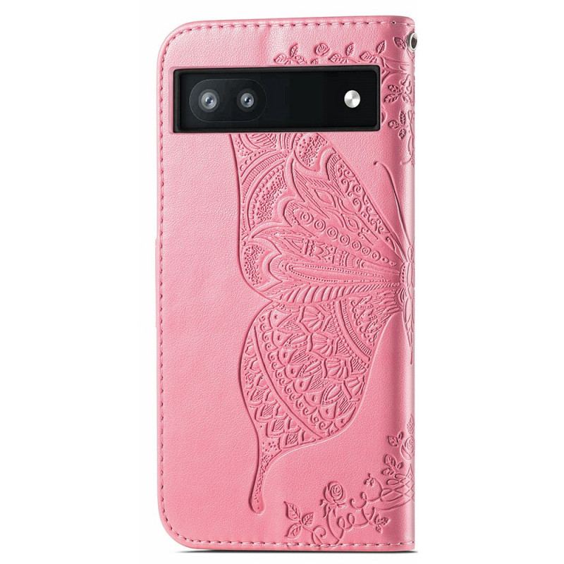 Capa De Couro Para Google Pixel 6A Padrão Borboleta Com Alça