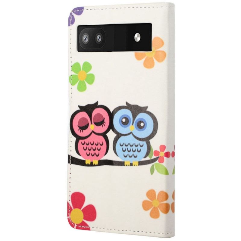 Capa De Couro Para Google Pixel 6A Par De Corujas