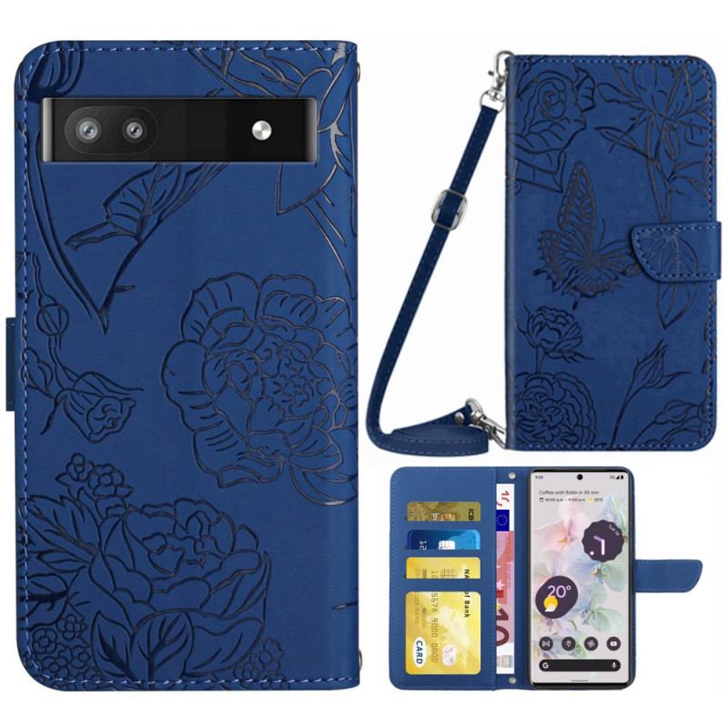 Capa Flip Para Google Pixel 6A Borboletas Com Alça De Ombro