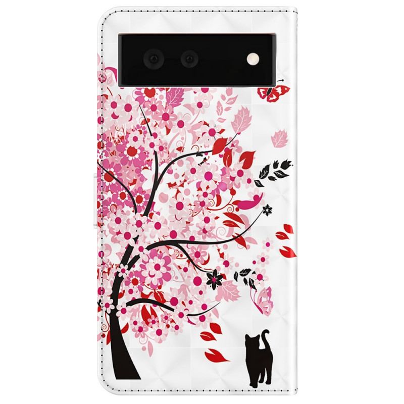 Capa Folio Para Google Pixel 6A De Cordão Árvore E Gato Strappy
