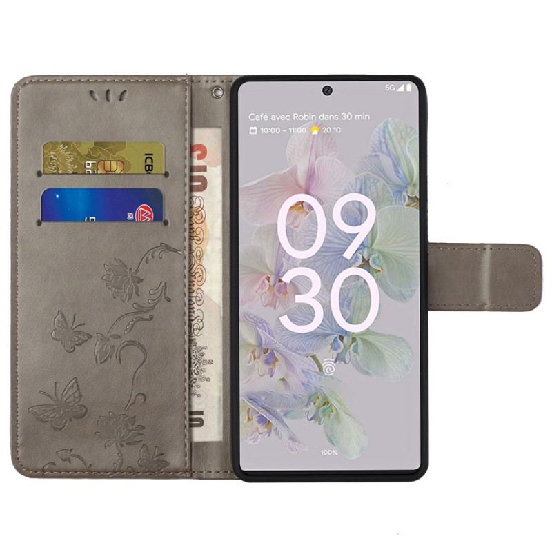 Capa Folio Para Google Pixel 6A De Cordão Flores E Borboletas Com Alça