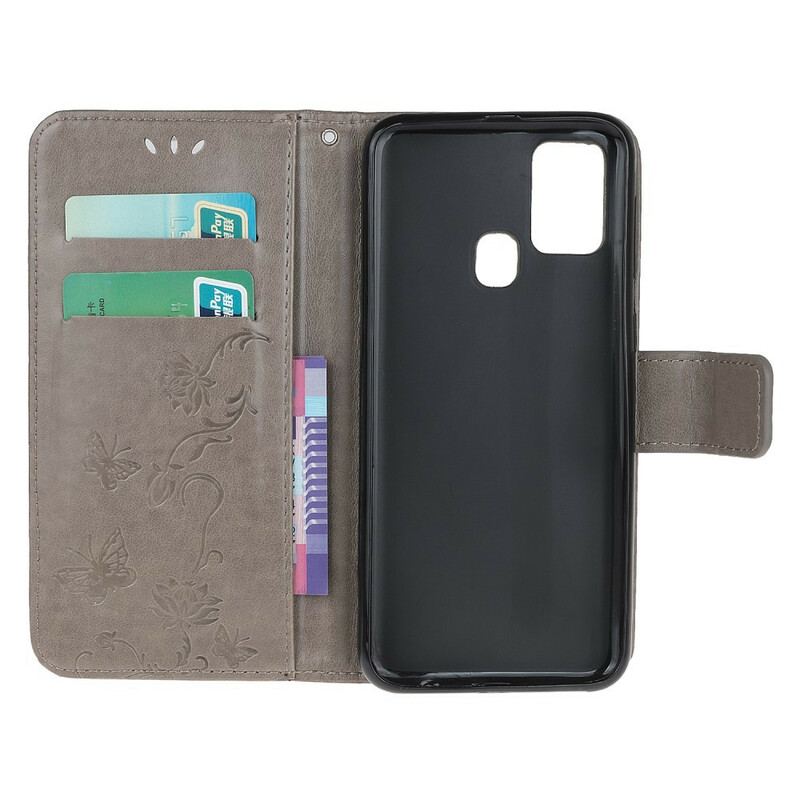 Capa De Couro Para OnePlus Nord N100 De Cordão Tanga Borboletas E Flores