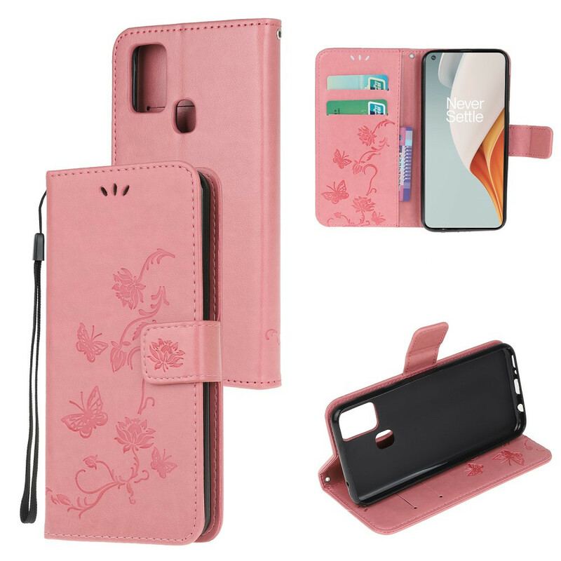 Capa De Couro Para OnePlus Nord N100 De Cordão Tanga Borboletas E Flores