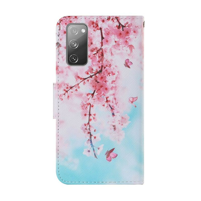 Capa De Couro Para Samsung Galaxy S20 FE De Cordão Ramos Vermelhos Com Alça