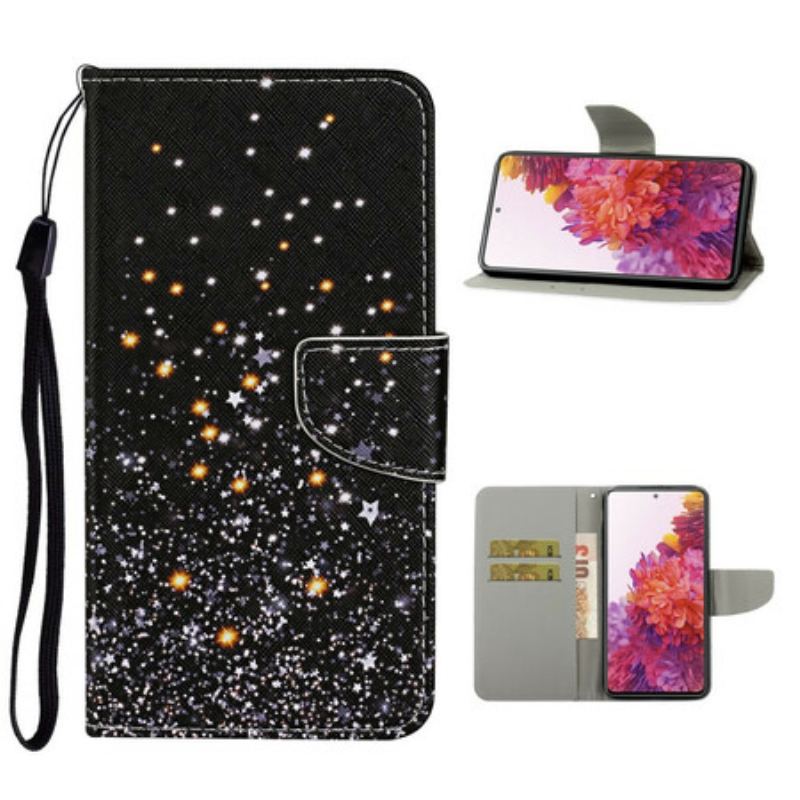 Capa De Couro Para Samsung Galaxy S20 FE Estrelas E Lantejoulas Com Cordão