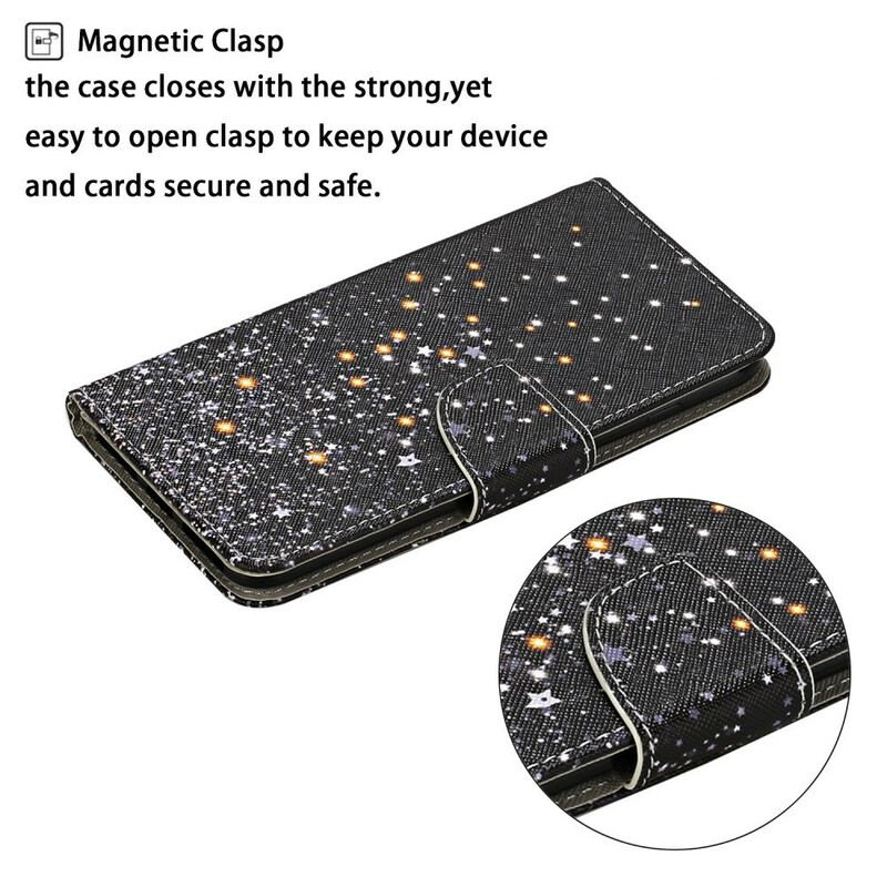 Capa De Couro Para Samsung Galaxy S20 FE Estrelas E Lantejoulas Com Cordão