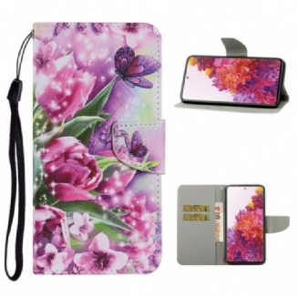 Capa Flip Para Samsung Galaxy S20 FE Borboletas E Tulipas