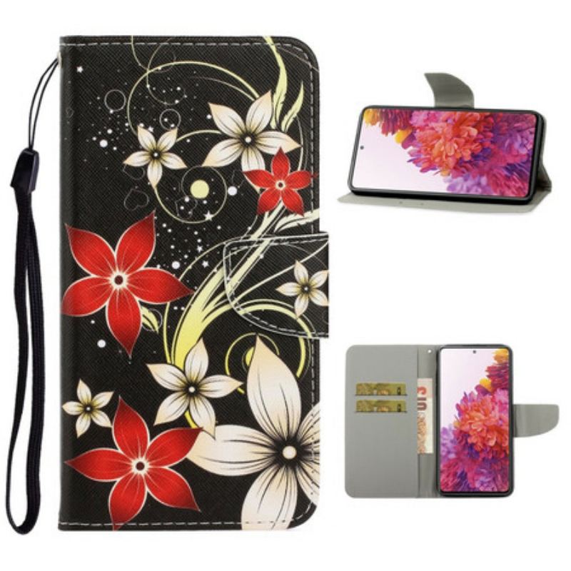 Capa Flip Para Samsung Galaxy S20 FE De Cordão Flores Coloridas Com Tiras