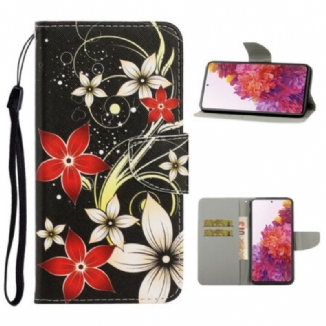 Capa Flip Para Samsung Galaxy S20 FE De Cordão Flores Coloridas Com Tiras