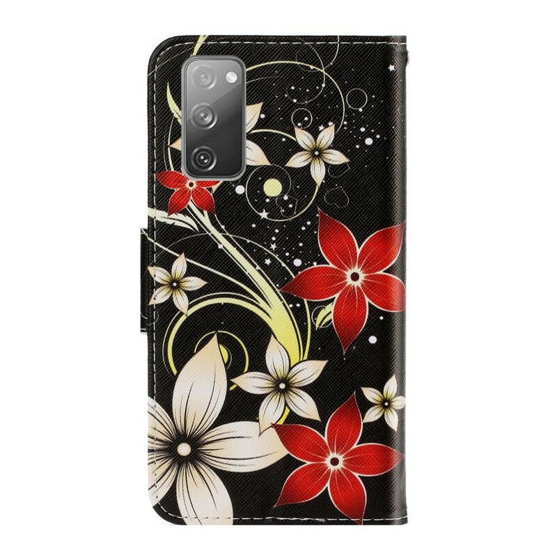 Capa Flip Para Samsung Galaxy S20 FE De Cordão Flores Coloridas Com Tiras