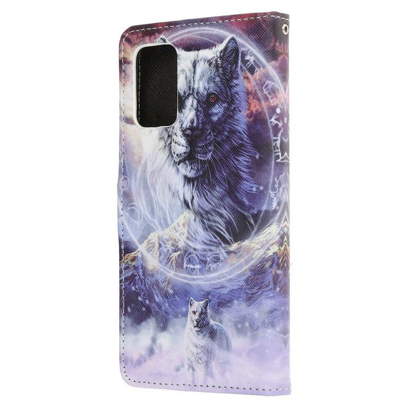 Capa Flip Para Samsung Galaxy S20 FE Lobo No Inverno Com Cordão
