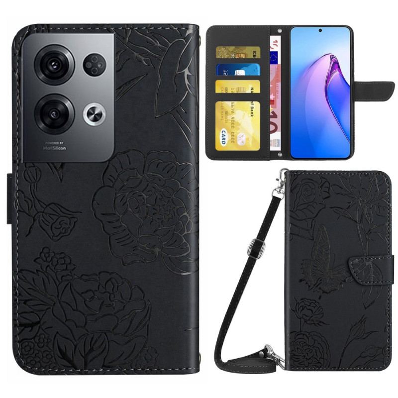 Capa De Couro Para Oppo Reno 8 Pro Borboletas E Alça De Ombro