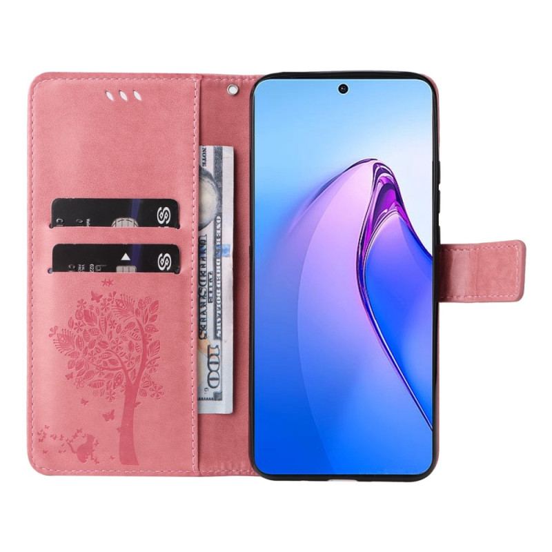 Capa De Couro Para Oppo Reno 8 Pro De Cordão Árvore E Gato Strappy