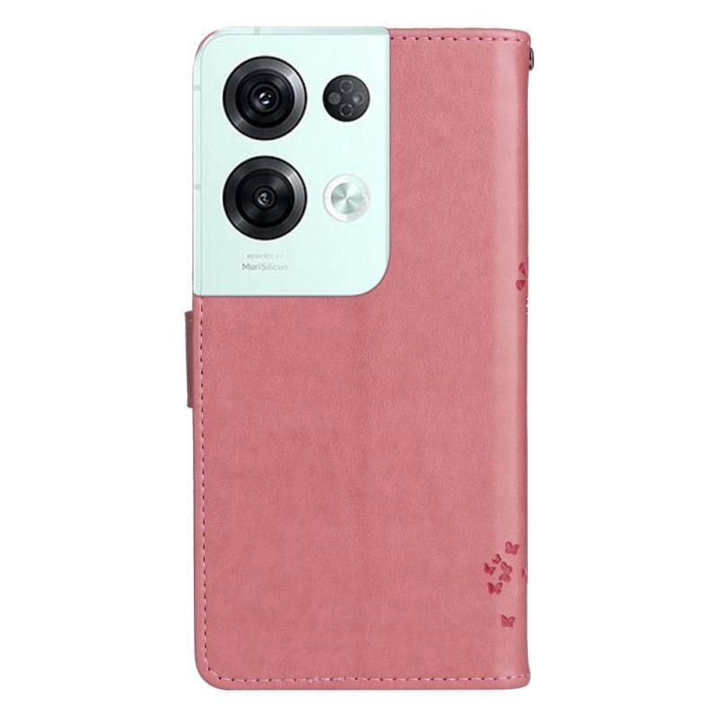 Capa De Couro Para Oppo Reno 8 Pro De Cordão Árvore E Gato Strappy