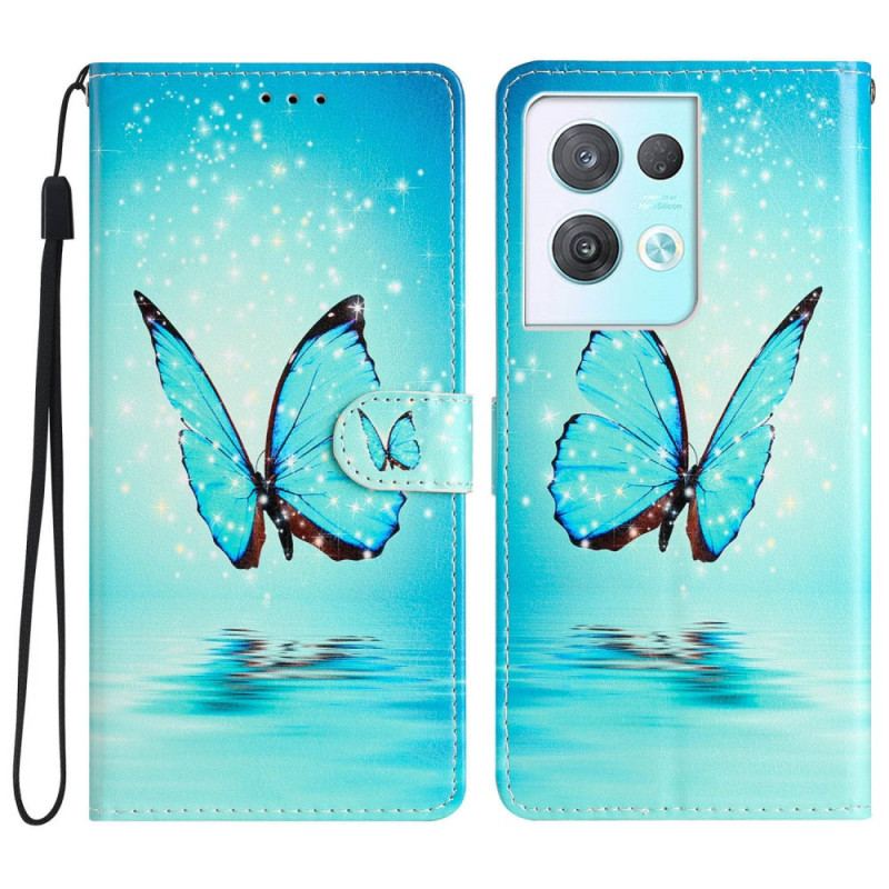 Capa De Couro Para Oppo Reno 8 Pro De Cordão Borboletas Azuis Com Alça