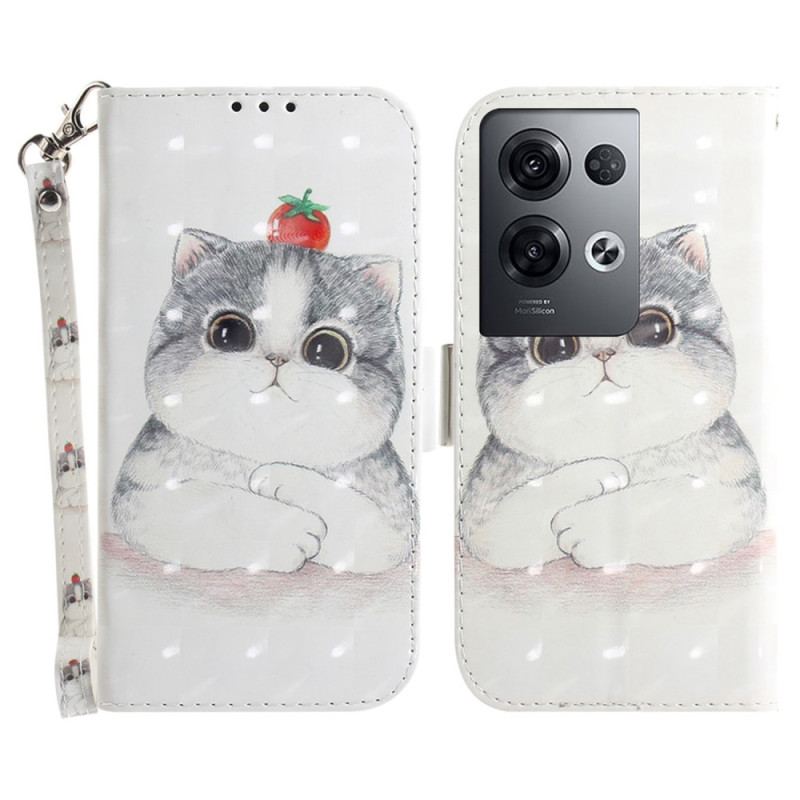 Capa Flip Para Oppo Reno 8 Pro Gato Com Cordão