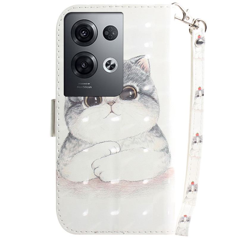 Capa Flip Para Oppo Reno 8 Pro Gato Com Cordão