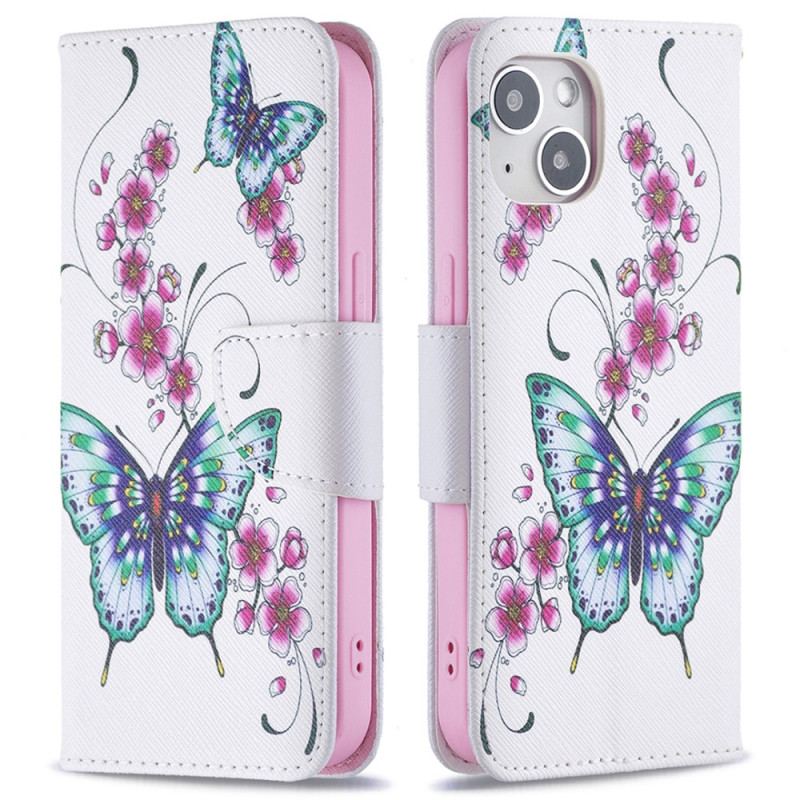 Capa De Couro Para iPhone 15 Borboletas Em Vôo