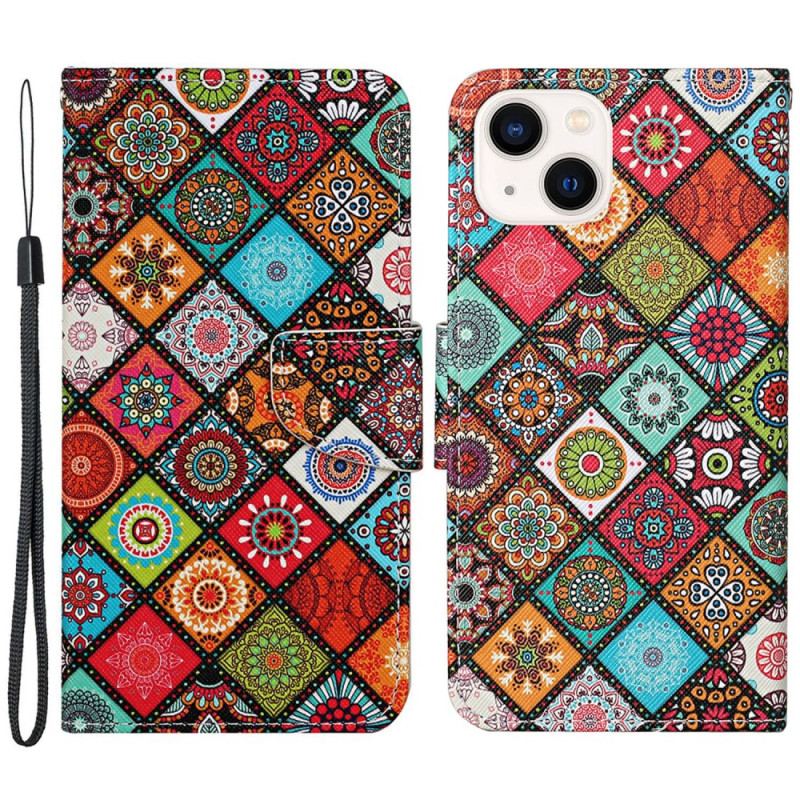 Capa Em Pele Para iPhone 15 De Cordão Lindo Patchwork Com Alça