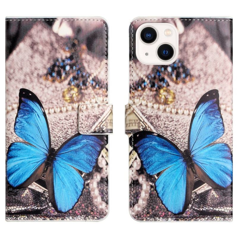 Capa Flip Para iPhone 15 Borboleta Azul