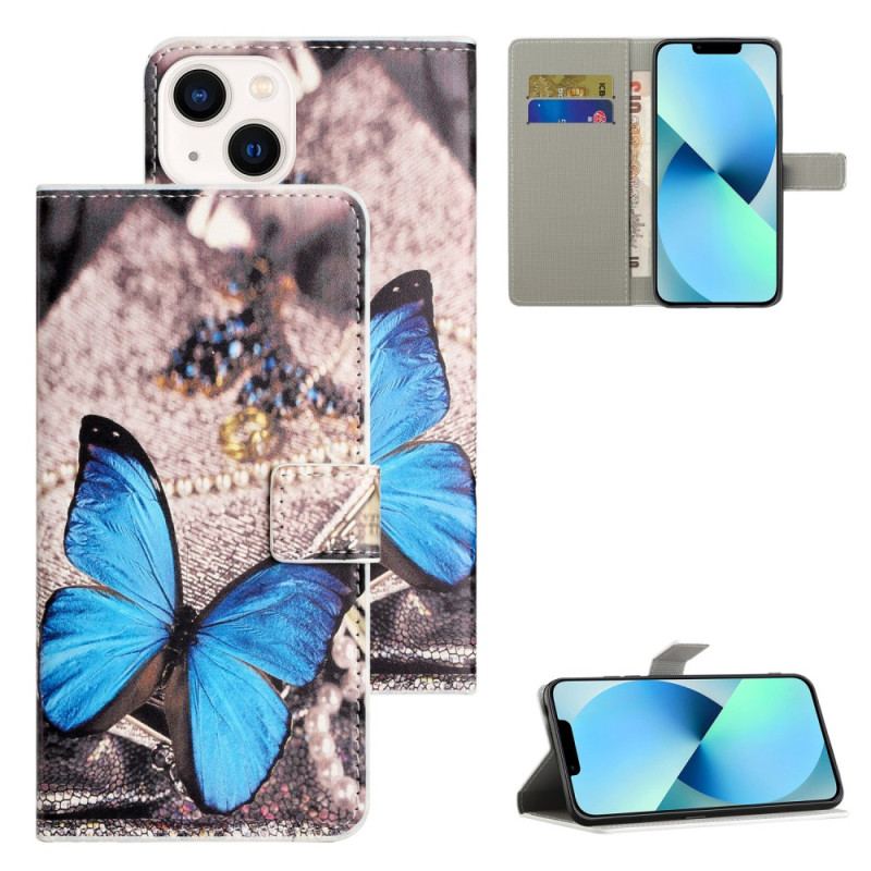 Capa Flip Para iPhone 15 Borboleta Azul