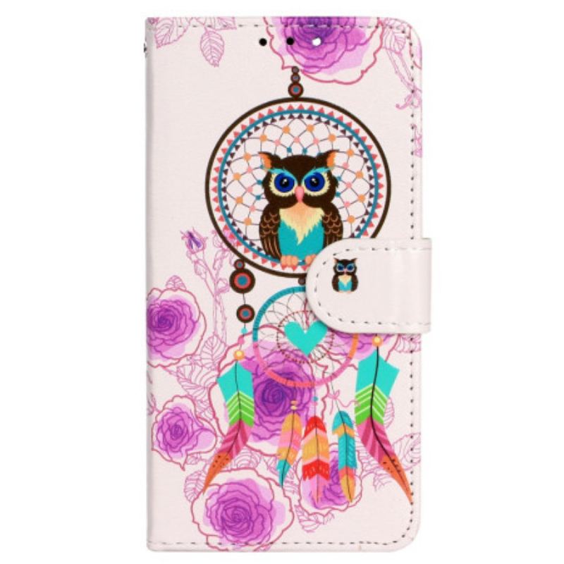 Capa Flip Para iPhone 15 De Cordão Apanhador De Sonhos Coruja Com Alça