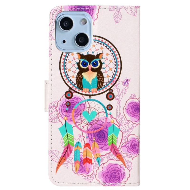 Capa Flip Para iPhone 15 De Cordão Apanhador De Sonhos Coruja Com Alça