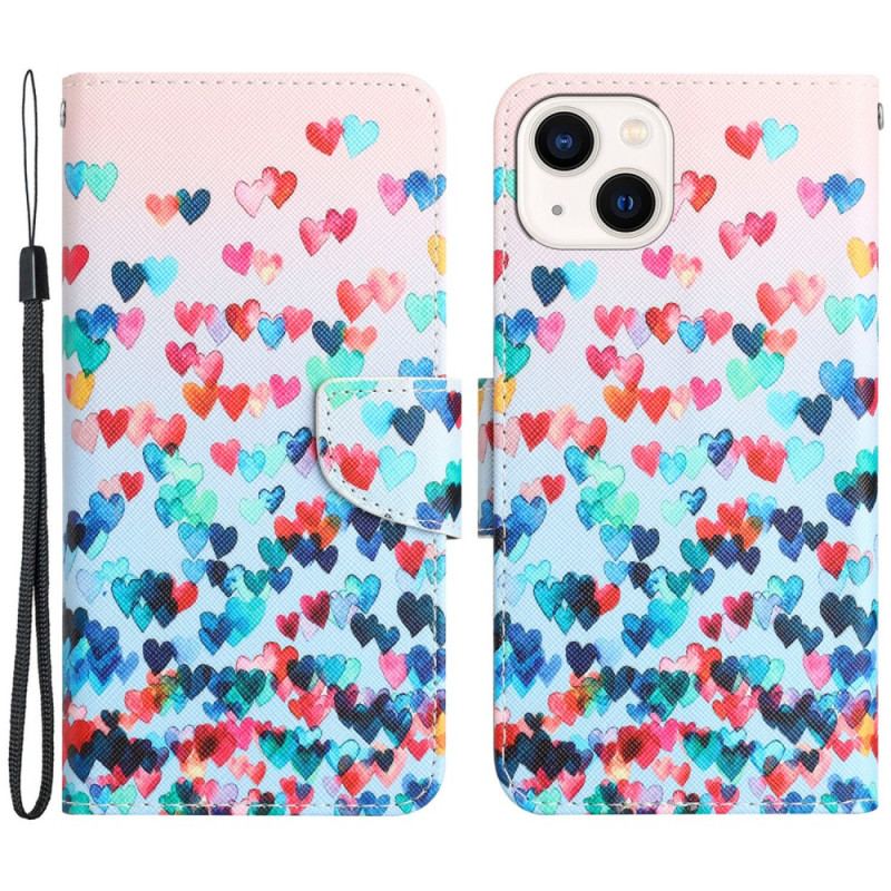 Capa Flip Para iPhone 15 De Cordão Chuva De Corações Com Alça